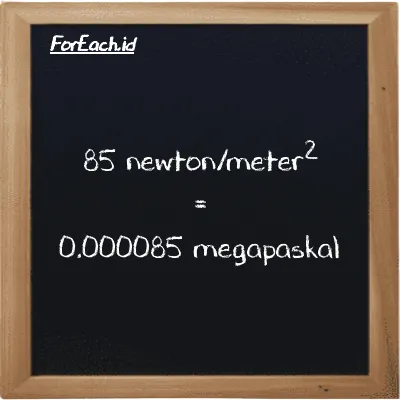 Cara konversi newton/meter<sup>2</sup> ke megapaskal (N/m<sup>2</sup> ke MPa): 85 newton/meter<sup>2</sup> (N/m<sup>2</sup>) setara dengan 85 dikalikan dengan 0.000001 megapaskal (MPa)
